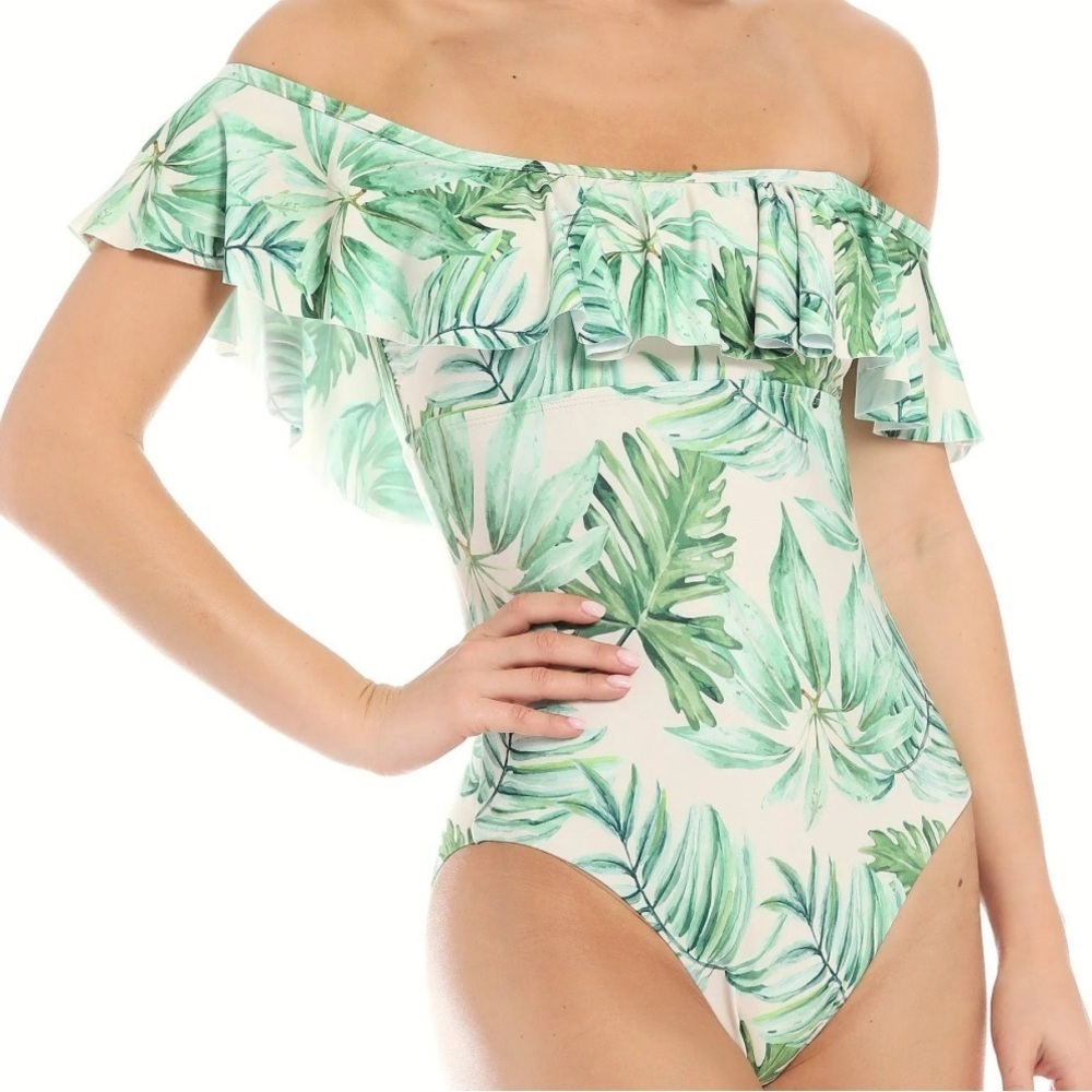 Gianni Bini One Piece Swimsuit Cream & Green Palm Print Off-Shoulder Ruffle XL
